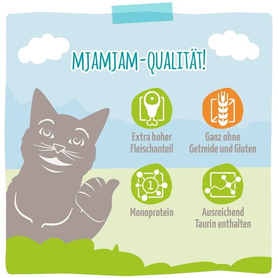 MjAMjAM - Premium Nassfutter für Katzen - Quetschie - zarte Ziege an leckeren Möhrchen, 12er Pack (12 x 125 g), getreidefrei mit extra viel Fleisch