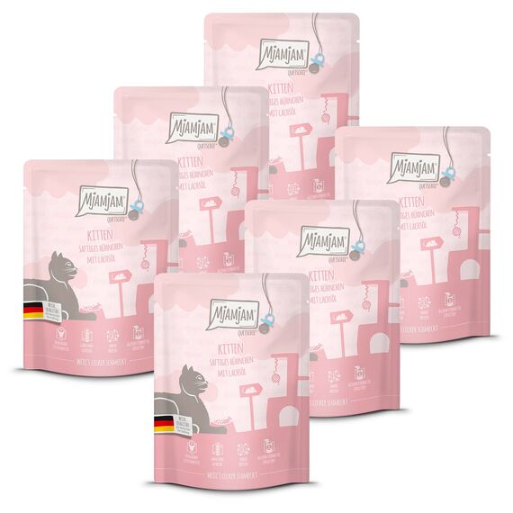 MjAMjAM - Premium Nassfutter für Katzen - Quetschie Kitten saftiges Hühnchen mit Lachsöl 300g, 6er Pack (6 x 300g), naturbelassen mit extra viel Fleisch