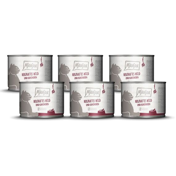 MjAMjAM - Premium Nassfutter für Katzen - herzhaftes Wild & Kaninchen an fruchtigen Heidelbeeren, 6er Pack (6 x 200 g), getreidefrei mit extra viel Fleisch