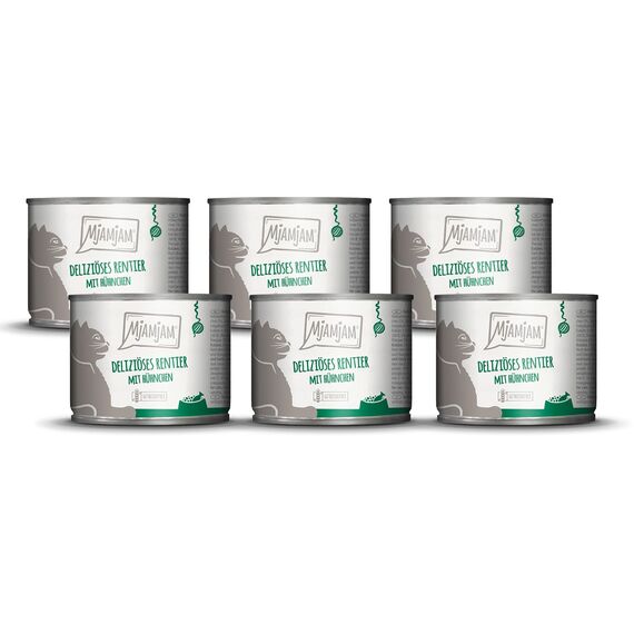 MjAMjAM - Premium Nassfutter für Katzen - deliziöses Rentier mit Hühnchen an leckeren Möhrchen, 6er Pack (6 x 200 g), getreidefrei mit extra viel Fleisch