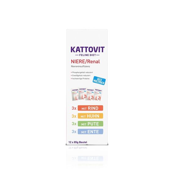 KATTOVIT - Niere/Renal Multipack Nassfutter für Katzen | Zur Unterstützung der Nierenfunktion für ausgewachsene Katzen. Diätfutter als Alleinfuttermittel im Frischebeutel | 12 x 85g