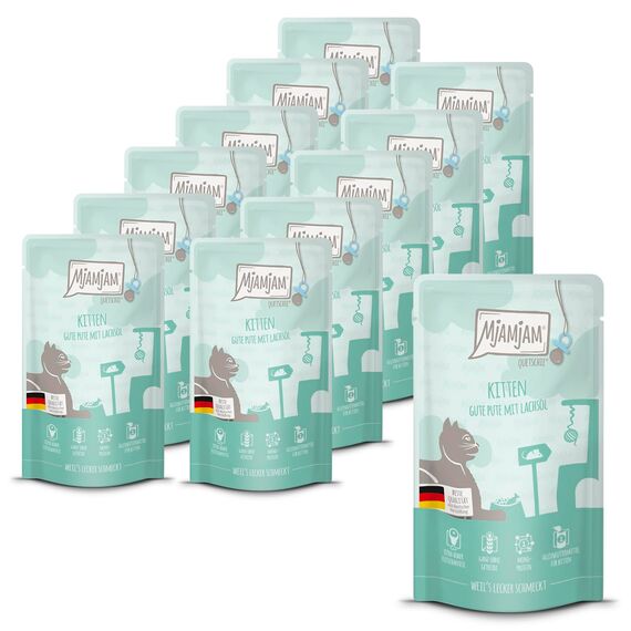 MjAMjAM - Premium Nassfutter für Katzen - Quetschie - Kitten gute Pute mit Lachsöl, 12er Pack (12x125g), getreidefrei