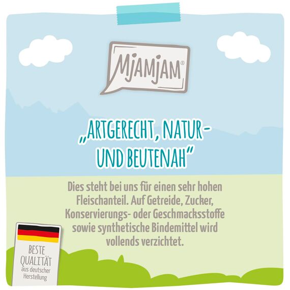 MjAMjAM - Premium Nassfutter für Katzen - Quetschie - zarte Ziege an leckeren Möhrchen, 12er Pack (12 x 125 g), getreidefrei mit extra viel Fleisch