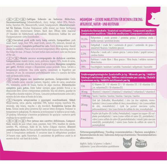 MjAMjAM - Premium Nassfutter für Katzen - saftiges Schwein an leckeren Möhrchen, 6er Pack (6 x 100 g), getreidefrei mit extra viel Fleisch