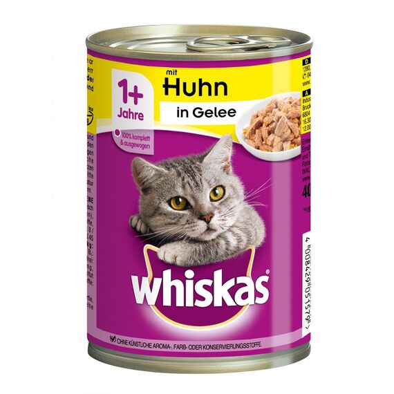 Whiskas Katzenfutter Nassfutter Adult 1+ mit Huhn in Gelee, 12 Dosen (12 x 400g)