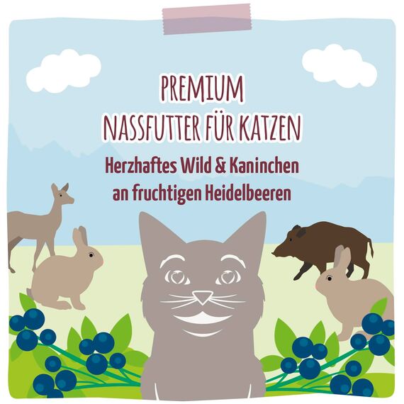 MjAMjAM - Premium Nassfutter für Katzen - herzhaftes Wild & Kaninchen an fruchtigen Heidelbeeren, 6er Pack (6 x 400 g), getreidefrei mit extra viel Fleisch