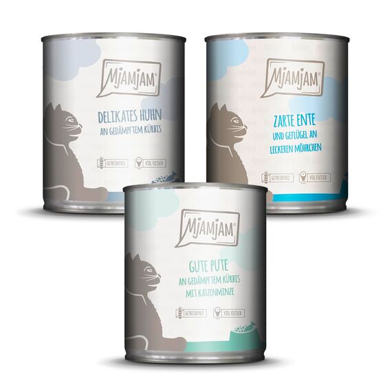 MjAMjAM - Premium Nassfutter für Katzen - Mixpaket II - Huhn & Kürbis, Pute, Ente & Geflügel, 6er Pack (6 x 800 g), getreidefrei mit extra viel Fleisch