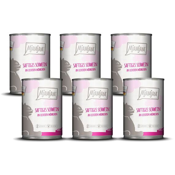 MjAMjAM - Premium Nassfutter für Katzen - saftiges Schwein an leckeren Möhrchen, 6er Pack (6 x 400 g), getreidefrei mit extra viel Fleisch