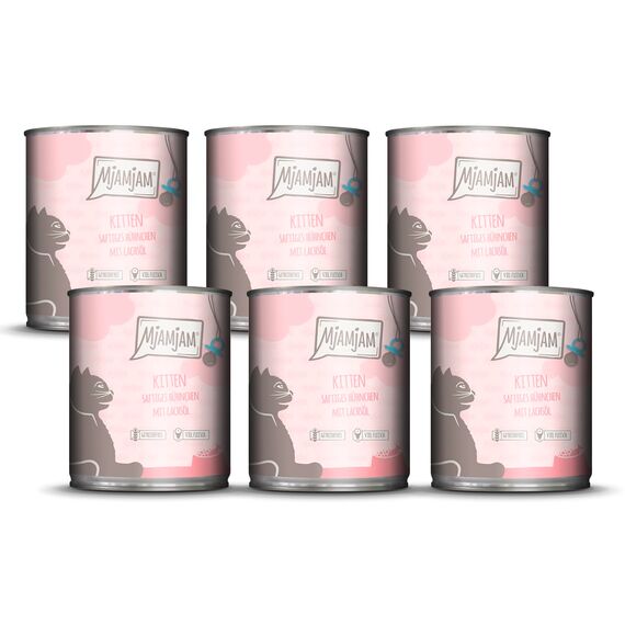 MjAMjAM - Premium Nassfutter für Katzen - Kitten saftiges Hühnchen mit Lachsöl, 6er Pack (6 x 800 g), getreidefrei mit extra viel Fleisch