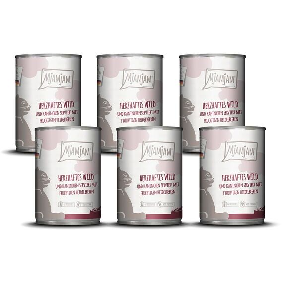 MjAMjAM - Premium Nassfutter für Katzen - herzhaftes Wild & Kaninchen an fruchtigen Heidelbeeren, 6er Pack (6 x 400 g), getreidefrei mit extra viel Fleisch