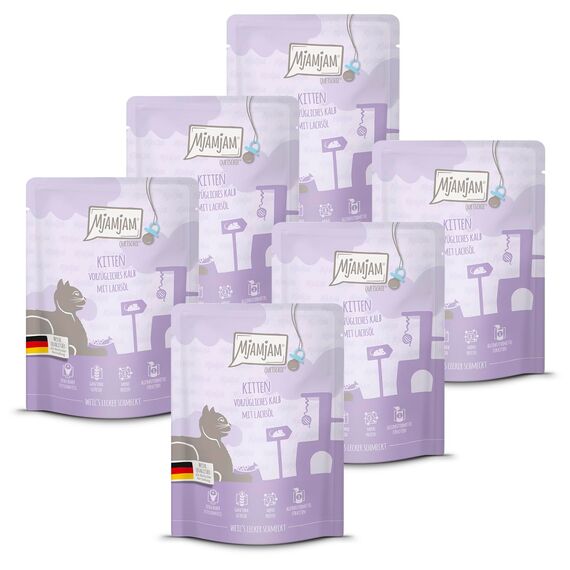 MjAMjAM - Premium Nassfutter für Katzen - Quetschie Kitten vorzügliches Kalb mit Lachsöl 300g, 6er Pack (6 x 300g), naturbelassen mit extra viel Fleisch