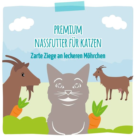 MjAMjAM - Premium Nassfutter für Katzen - Quetschie - zarte Ziege an leckeren Möhrchen, 12er Pack (12 x 125 g), getreidefrei mit extra viel Fleisch