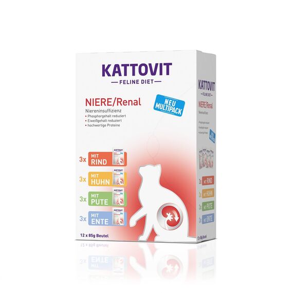 KATTOVIT - Niere/Renal Multipack Nassfutter für Katzen | Zur Unterstützung der Nierenfunktion für ausgewachsene Katzen. Diätfutter als Alleinfuttermittel im Frischebeutel | 12 x 85g