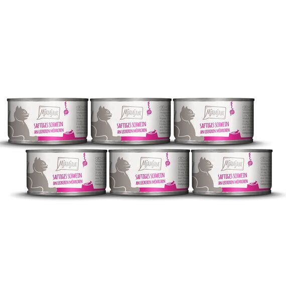 MjAMjAM - Premium Nassfutter für Katzen - saftiges Schwein an leckeren Möhrchen, 6er Pack (6 x 100 g), getreidefrei mit extra viel Fleisch