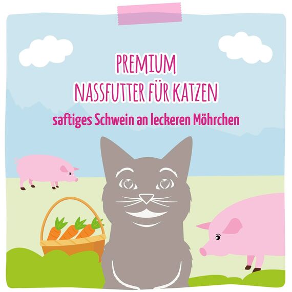 MjAMjAM - Premium Nassfutter für Katzen - saftiges Schwein an leckeren Möhrchen, 6er Pack (6 x 200 g), getreidefrei mit extra viel Fleisch