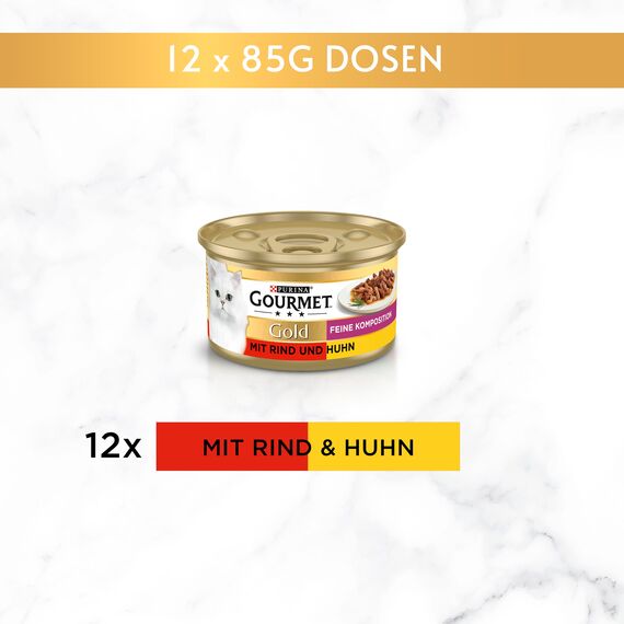 Gourmet Gold Feine Komposition Katzenfutter nass, mit Rind und Huhn, 12er Pack (12 x 85g)
