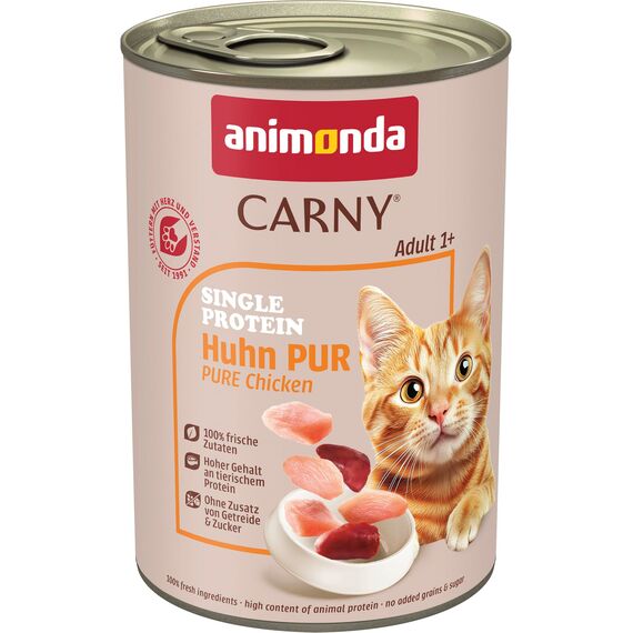 animonda Carny Adult Single Protein Huhn pur (6 x 400 g), Katzennassfutter mit nur einer Proteinquelle, Nassfutter für ausgewachsene Katzen, Katzenfutter ohne Getreide und Zucker