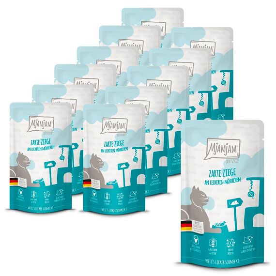 MjAMjAM - Premium Nassfutter für Katzen - Quetschie - zarte Ziege an leckeren Möhrchen, 12er Pack (12 x 125 g), getreidefrei mit extra viel Fleisch