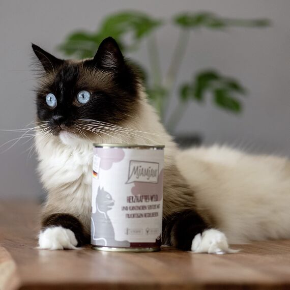 MjAMjAM - Premium Nassfutter für Katzen - herzhaftes Wild & Kaninchen an fruchtigen Heidelbeeren, 6er Pack (6 x 800 g), getreidefrei mit extra viel Fleisch