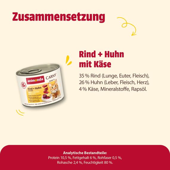 animonda Carny Katzen Nassfutter Senior Rind + Huhn + Käse (6 x 200g), Katzenfutter nass ohne Getreide ohne Zucker für Katzen ab 7 Jahren mit frischen und fleischigen Zutaten