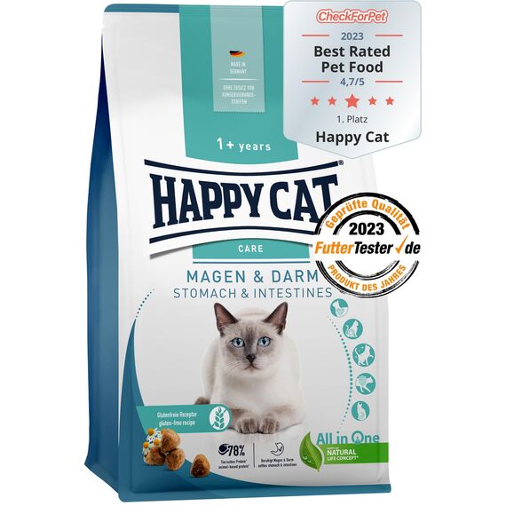 Happy Cat 70596- Care Magen & Darm - Katzen-Trockenfutter mit Ente für Sensible Katzen und Kater - 1,3 kg Inhalt
