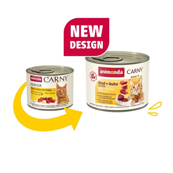 animonda Carny Katzen Nassfutter Senior Rind + Huhn + Käse (6 x 200g), Katzenfutter nass ohne Getreide ohne Zucker für Katzen ab 7 Jahren mit frischen und fleischigen Zutaten