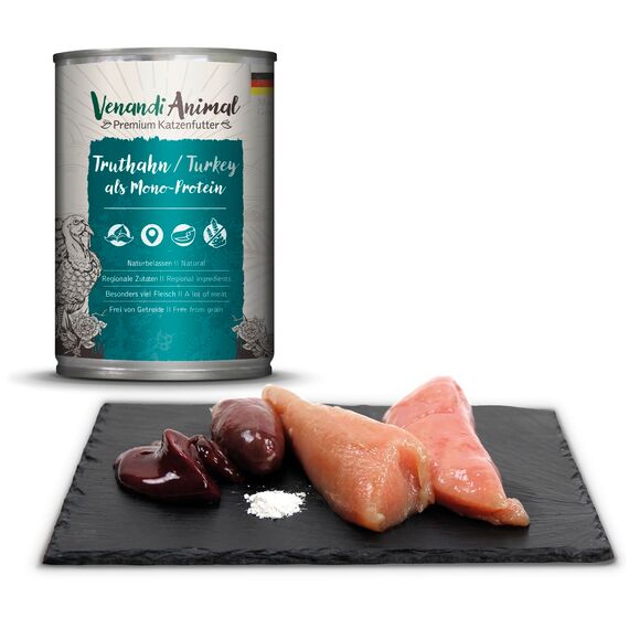 Venandi Animal Premium Nassfutter für Katzen, Probierpaket II, Huhn + Kaninchen, Kalb, Truthahn, 6 x 400 g, getreidefrei und naturbelassen, 2.4 kg