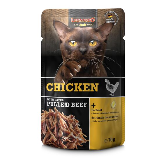 LEONARDO Frischebeutel [16x70g Chicken mit Fleischstreifen] Pulled Beef | Getreidefreies Nassfutter für Katzen | Alleinfuttermittel Katzenfutter