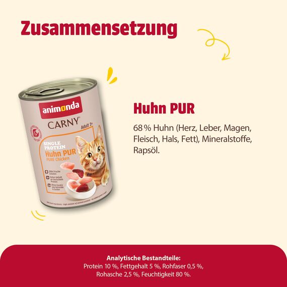 animonda Carny Adult Single Protein Huhn pur (6 x 400 g), Katzennassfutter mit nur einer Proteinquelle, Nassfutter für ausgewachsene Katzen, Katzenfutter ohne Getreide und Zucker