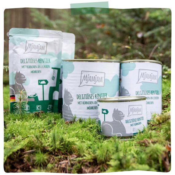 MjAMjAM - Premium Nassfutter für Katzen - deliziöses Rentier mit Hühnchen an leckeren Möhrchen, 6er Pack (6 x 200 g), getreidefrei mit extra viel Fleisch