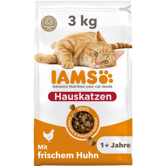 IAMS Indoor Katzenfutter trocken mit Huhn - Trockenfutter für Hauskatzen ab 1 Jahr, 3 kg