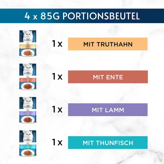 Gourmet Perle Erlesene Streifen Katzenfutter nass, Sorten-Mix, 12er Pack (12 x 4 Beutel à 85g)