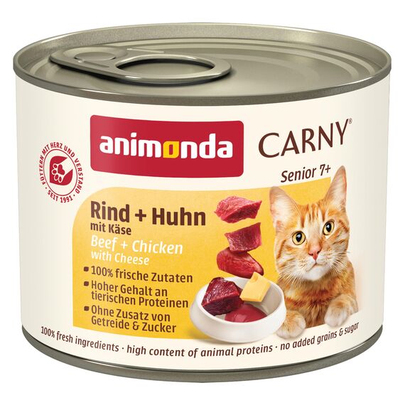 animonda Carny Katzen Nassfutter Senior Rind + Huhn + Käse (6 x 200g), Katzenfutter nass ohne Getreide ohne Zucker für Katzen ab 7 Jahren mit frischen und fleischigen Zutaten