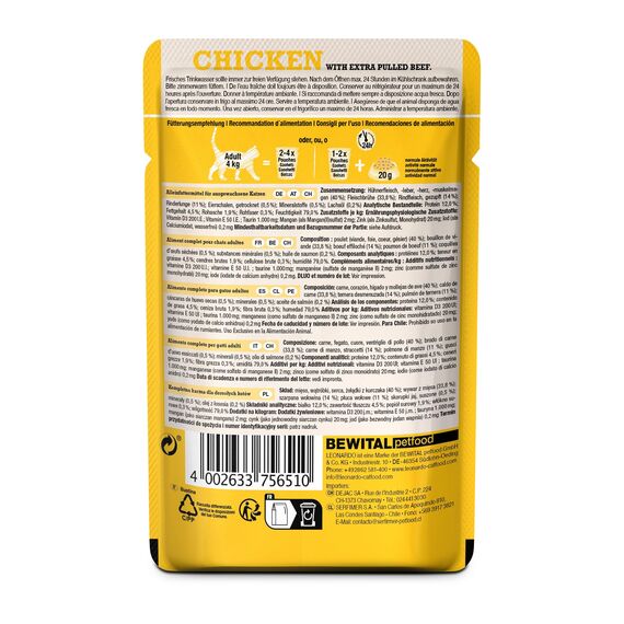 LEONARDO Frischebeutel [16x70g Chicken mit Fleischstreifen] Pulled Beef | Getreidefreies Nassfutter für Katzen | Alleinfuttermittel Katzenfutter