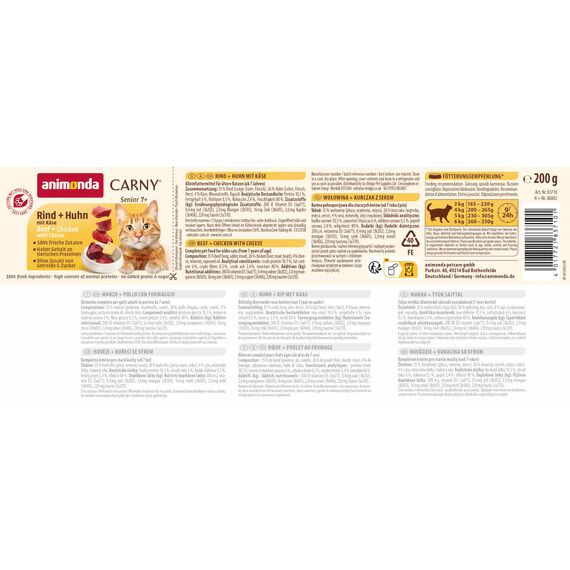 animonda Carny Katzen Nassfutter Senior Rind + Huhn + Käse (6 x 200g), Katzenfutter nass ohne Getreide ohne Zucker für Katzen ab 7 Jahren mit frischen und fleischigen Zutaten