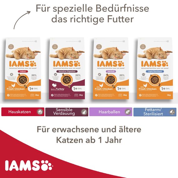 IAMS Indoor Katzenfutter trocken mit Huhn - Trockenfutter für Hauskatzen ab 1 Jahr, 3 kg