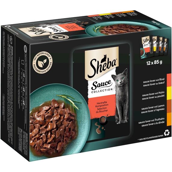 Sheba Sauce Collection Katzen Nassfutter im Portionsbeutel Herzhafte Komposition Multipack 4x12x85g