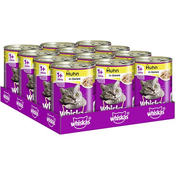 Whiskas Katzenfutter Nassfutter Adult 1+ mit Huhn in Gelee, 12 Dosen (12 x 400g)