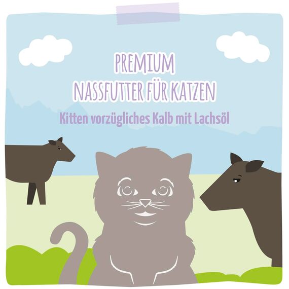 MjAMjAM - Premium Nassfutter füt Katzen - Kitten vorzügliches Kalb mit Lachsöl, 6er Pack (6 x 200 g), getreidefrei mit extra viel Fleisch