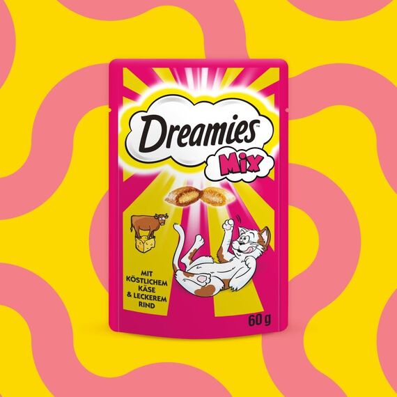 Dreamies Mix Katzensnacks mit Rind & Käse – Außen knusprig & innen cremig – 6 x 60g