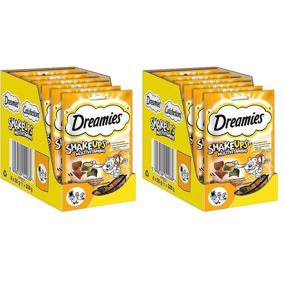 DREAMIES Shake UPS Multivitamins Geflügel Picknick, Katzenleckerlis im Portionsbeutel - 55g (6 Beutel) (Packung mit 2)