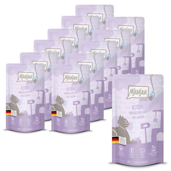 MjAMjAM - Premium Nassfutter für Katzen - Quetschie - Kitten vorzügliches Kalb mit Lachsöl, 12er Pack (12 x 125 g), getreidefrei mit extra viel Fleisch