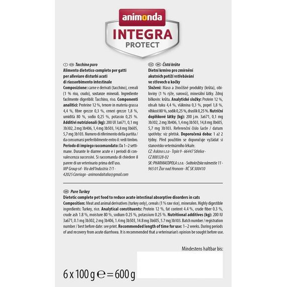 animonda INTEGRA PROTECT Intestinal Pute Pur (6 x 100 g), Katzen Diätfutter bei Durchfall & Erbrechen, Katzenfutter mit Pute und Reis, leicht verdauliches Nassfutter für Katzen