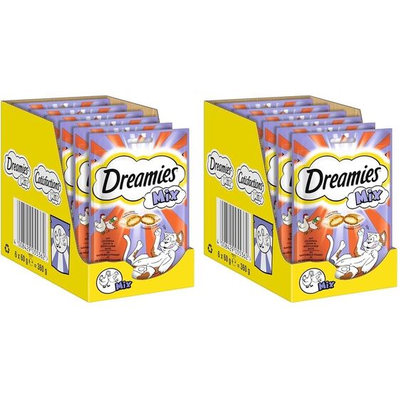 Dreamies Mix Katzensnacks mit Huhn & Ente – Außen knusprig & innen cremig – 6 x 60g (Packung mit 2)