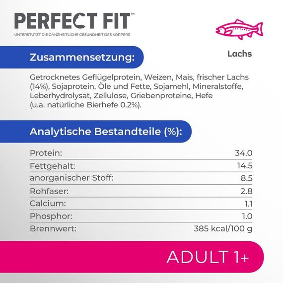 PERFECT FIT Adult Trockenfutter für erwachsene Katzen ab 1 Jahr - Lachs, 750g (6 Beutel)