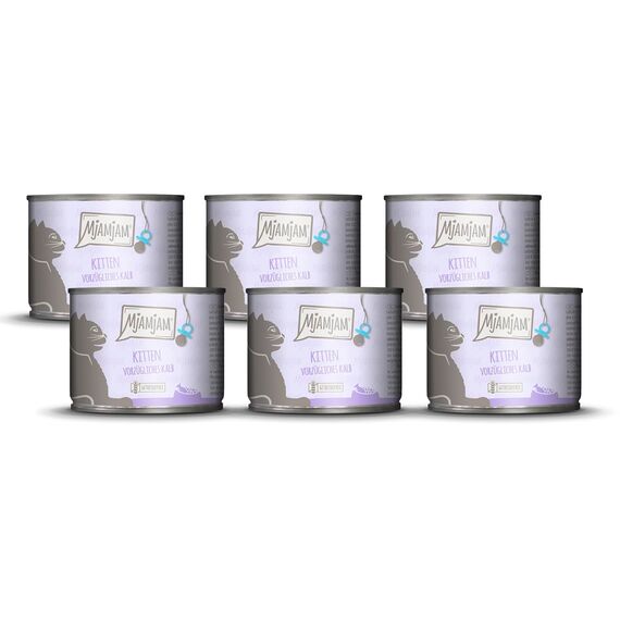 MjAMjAM - Premium Nassfutter füt Katzen - Kitten vorzügliches Kalb mit Lachsöl, 6er Pack (6 x 200 g), getreidefrei mit extra viel Fleisch