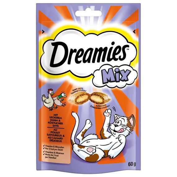 Dreamies Mix Katzensnacks mit Huhn & Ente – Außen knusprig & innen cremig – 6 x 60g (Packung mit 2)