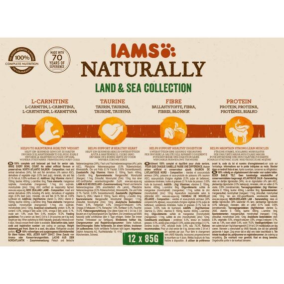 IAMS Naturally Senior Katzenfutter Nass in Sauce - hochwertiges Nassfutter mit Fleisch und Fisch für ältere Katzen, Land & Sea Collection, 12 x 85 g