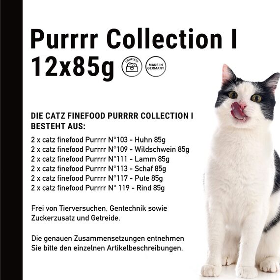 catz finefood Purrrr Collection I - Monoprotein Katzenfutter nass - getreidefrei, zuckerfrei, hypoallergen - hoher Fleischanteil - Multipack Nassfutter für Katzen - im Beutel, 85 g (12er Pack)