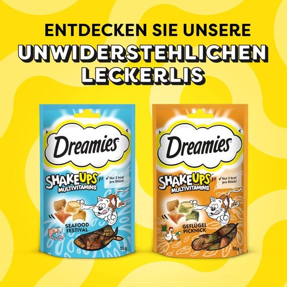 DREAMIES SHAKE UPS Multivitamins Geflügel Picknick, Katzenleckerlis im Portionsbeutel - 55g (6 Beutel)